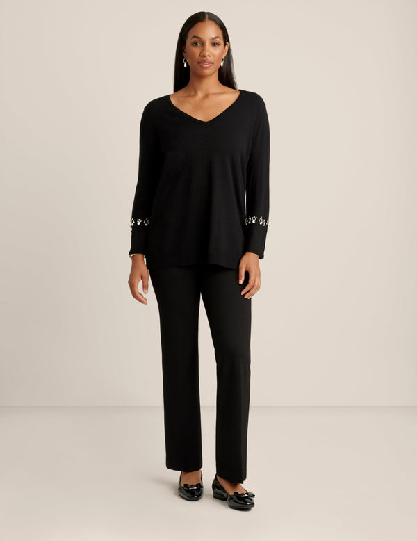 Anne Klein Fur Cuffed V Neck Top Anne Black
