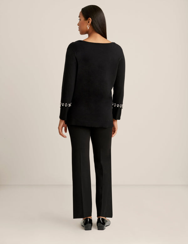 Anne Klein Fur Cuffed V Neck Top Anne Black