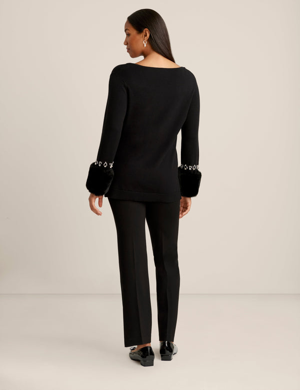 Anne Klein Fur Cuffed V Neck Top Anne Black