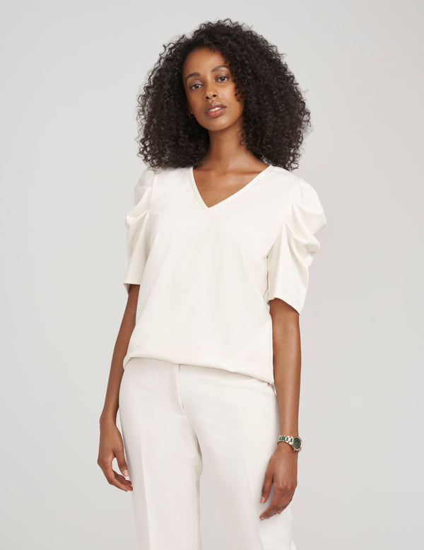 anne klein Pleat Sleeve V-Neck Top- Sale Anne White