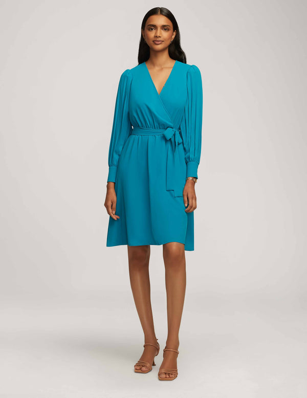 Anne Klein Pleated Sleeve Dress- Sale Teal Ocean