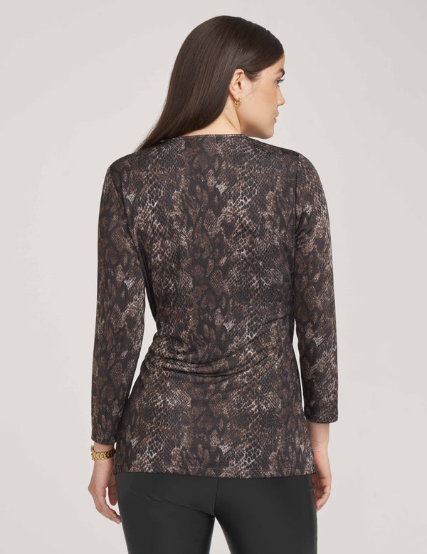 Anne Klein Printed Faux Wrap Top- Sale Brown Combo