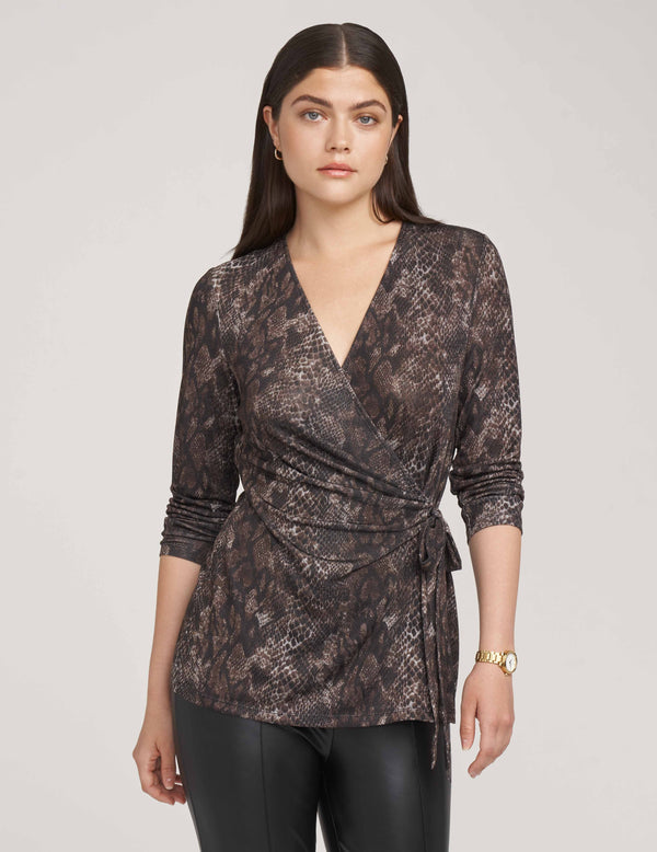 Anne Klein Printed Faux Wrap Top- Sale Brown Combo