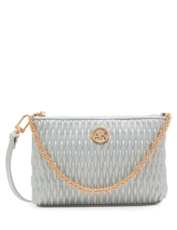 anne klein Ruched Crossbody With Chain Swag Silver