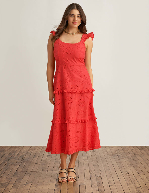 anne klein Ruffled Tier Midi Dress Hibiscus Red