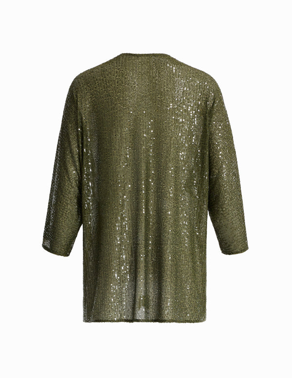Anne Klein Sequin Mesh Kimono Cardi Olive Palm
