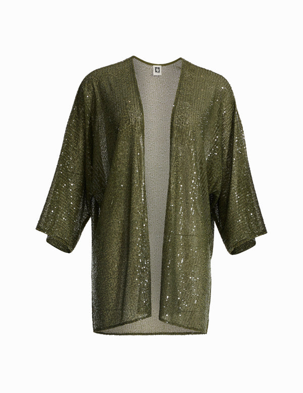 anne klein Sequin Mesh Kimono Cardi Olive Palm