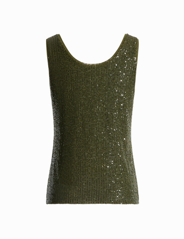 Anne Klein Sequin Mesh V-Neck Tank Olive Palm