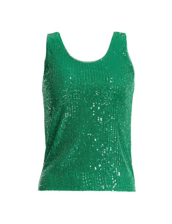 Anne Klein Sequin Mesh V-Neck Tank Olive Palm