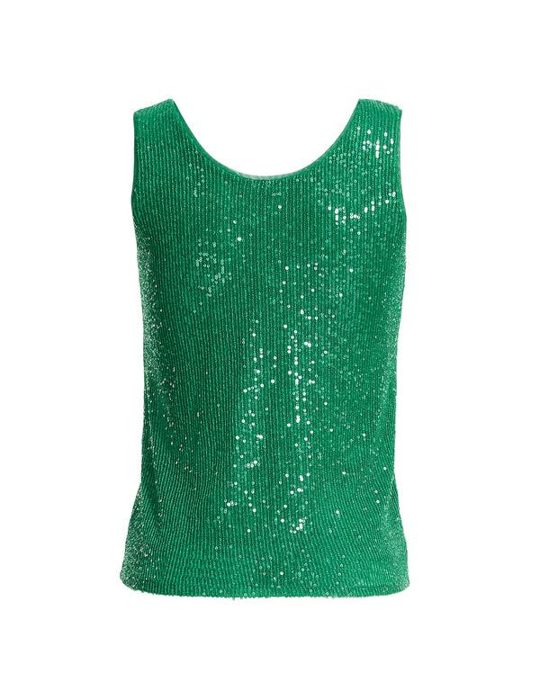 Anne Klein Sequin Mesh V-Neck Tank Olive Palm