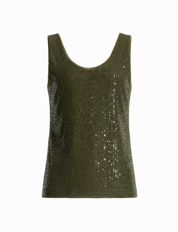 anne klein Sequin Mesh V-Neck Tank Olive Palm