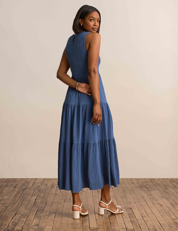 Anne Klein Smocked Bodice Maxi Dress Blue Jay