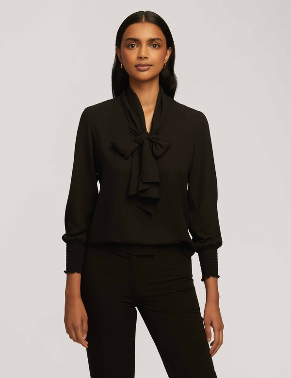Anne Klein Smocked Cuff Bow Blouse- Sale Anne Black