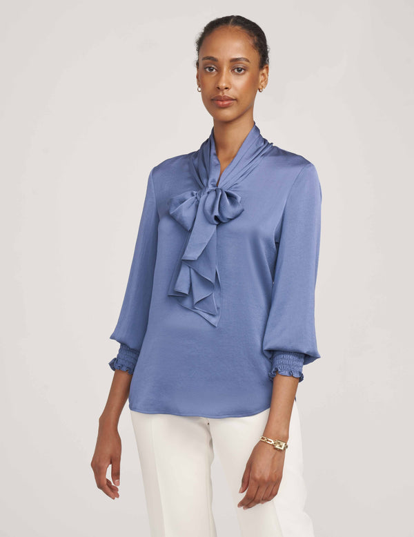 Anne Klein Smocked Cuff Bow Blouse- Sale Blue Jay
