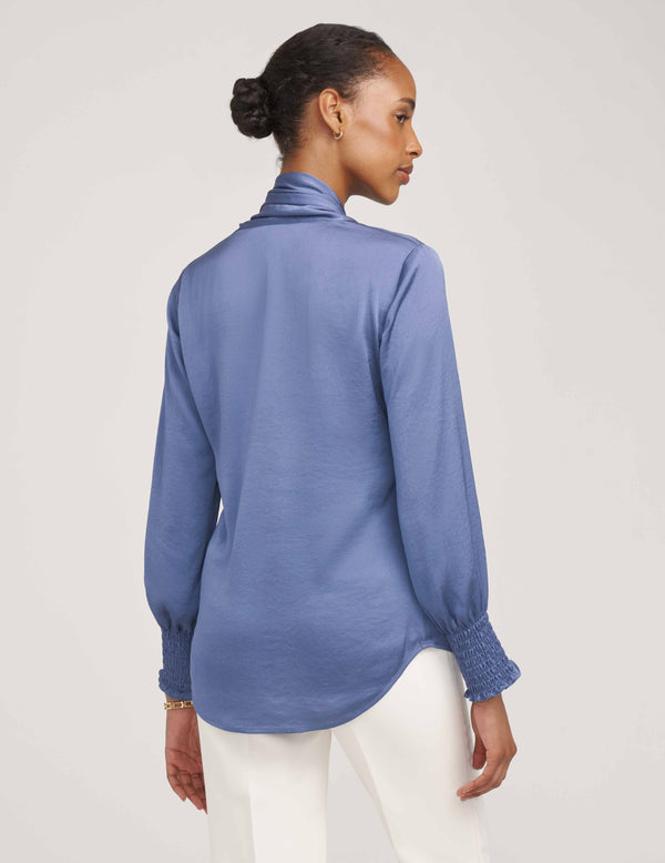 Anne Klein Smocked Cuff Bow Blouse- Sale Blue Jay