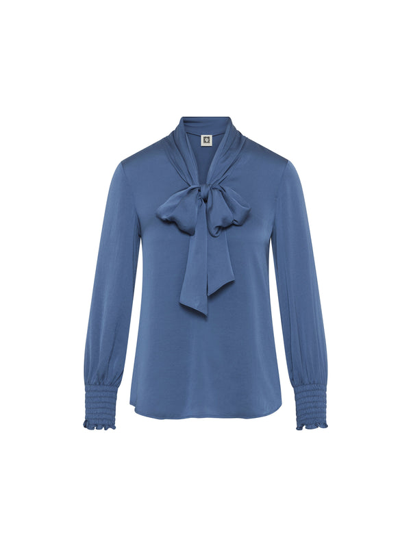 Anne Klein Smocked Cuff Bow Blouse- Sale Blue Jay