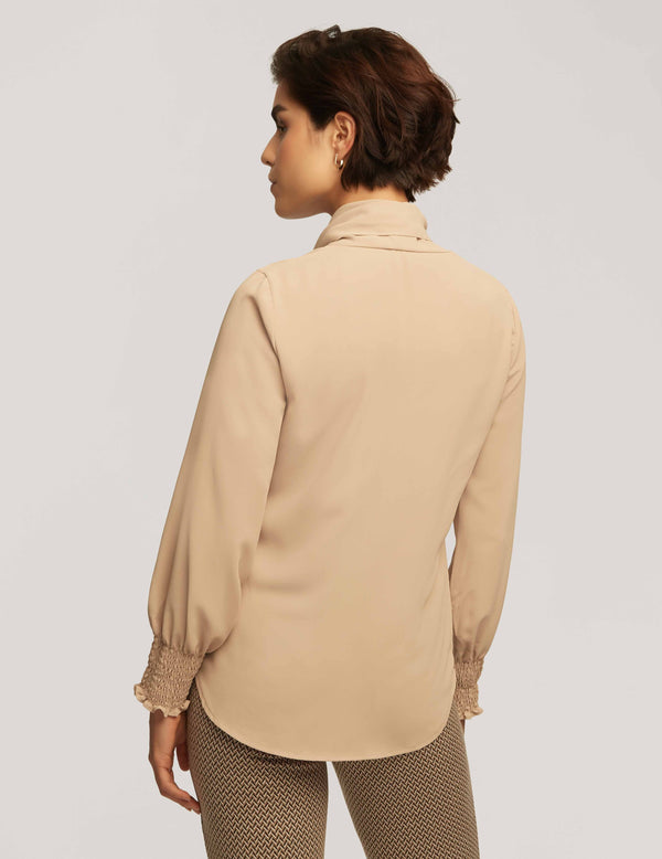 Anne Klein Smocked Cuff Bow Blouse- Sale Latte