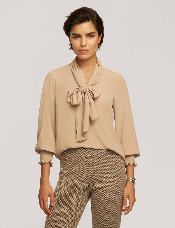 Anne Klein Smocked Cuff Bow Blouse- Sale Latte