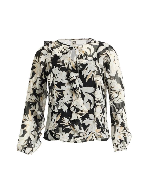anne klein Tie Neck Ruffle Blouse Anne Black Multi