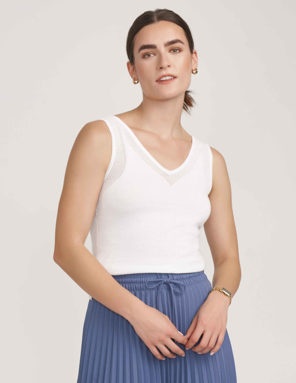 Anne Klein V-Neck Mesh Tank Top- Sale Bright White