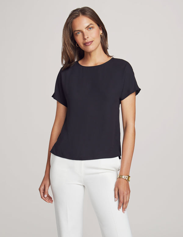 anne klein Bateau Neck Short Sleeve Blouse- Sale Anne Black