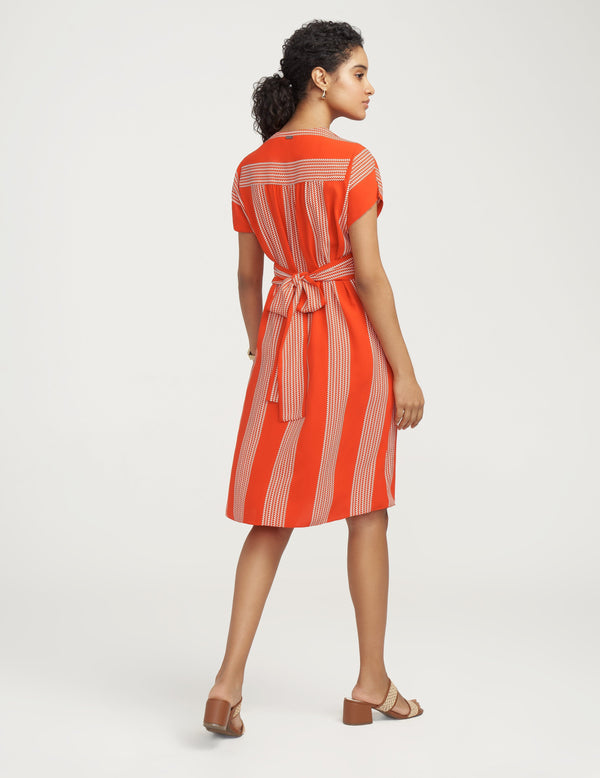 Anne Klein Bilbao Stripe V-Neck Short Sleeve Dress- Sale Poppy/Anne White
