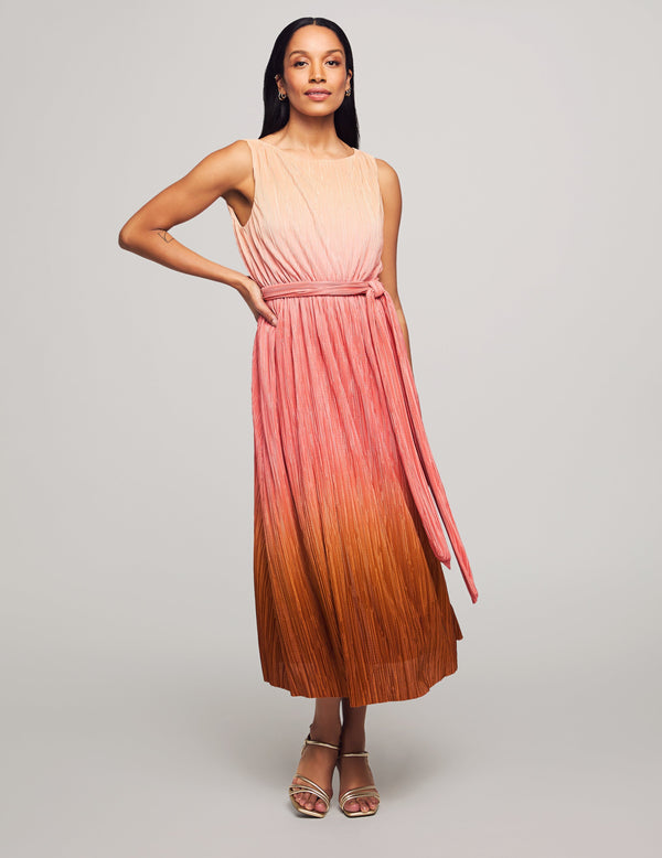 Anne Klein Boatneck Pleated Ombre Midi Dress- Sale Rose Clay Multi