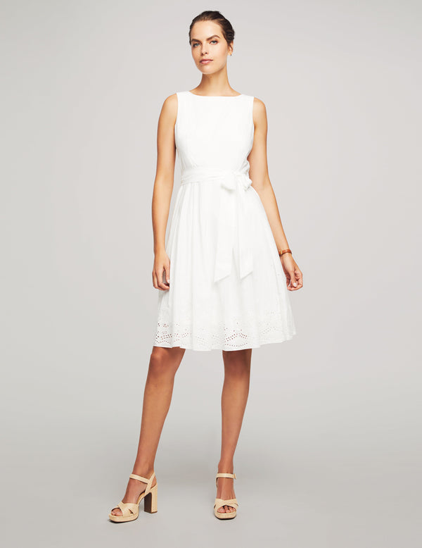anne klein Border Eyelet Fit & Flare Dress- Sale Bright White