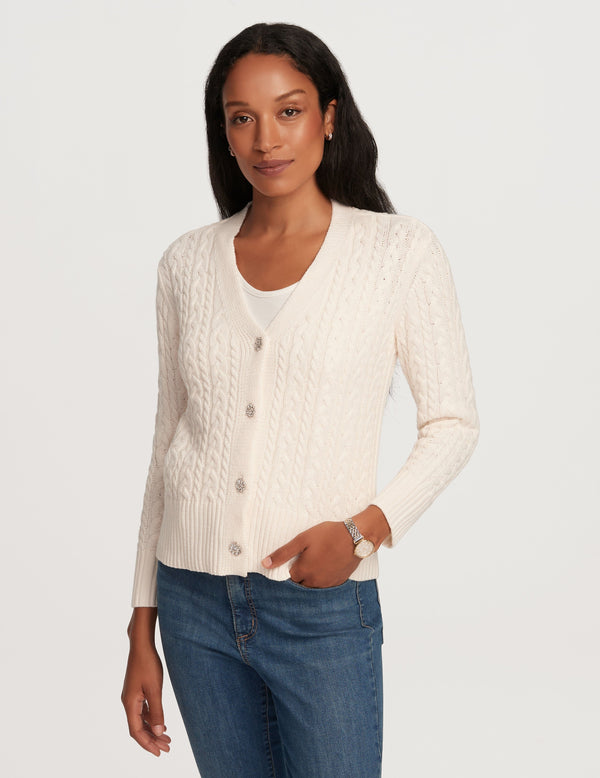 anne klein Cable Cardigan With Jewel Buttons- Sale Anne White