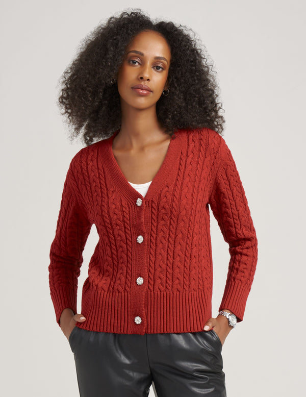 anne klein Cable Cardigan With Jewel Buttons- Sale Titan Red