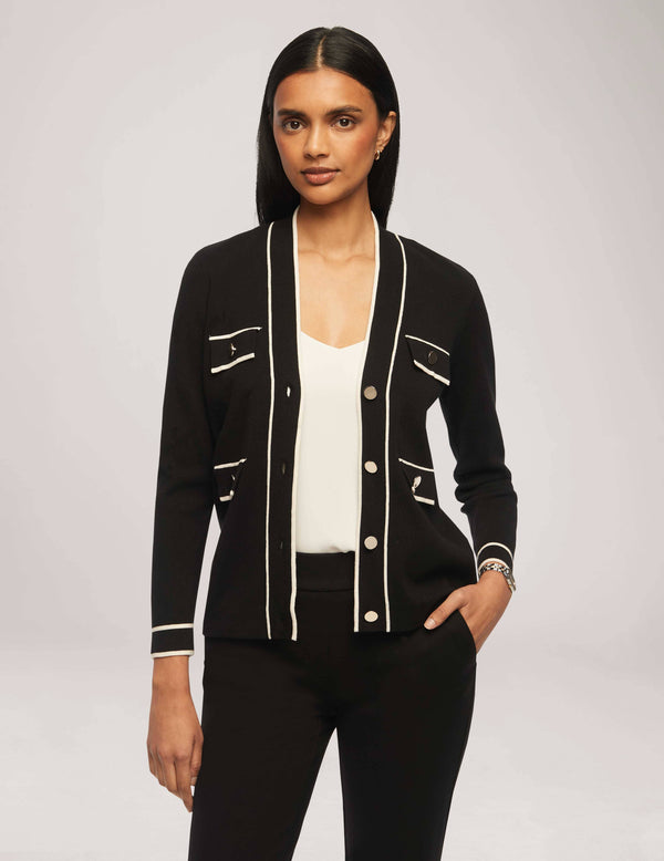 Anne Klein Cardigan With Tipped Pockets- Sale Anne Black/Anne White