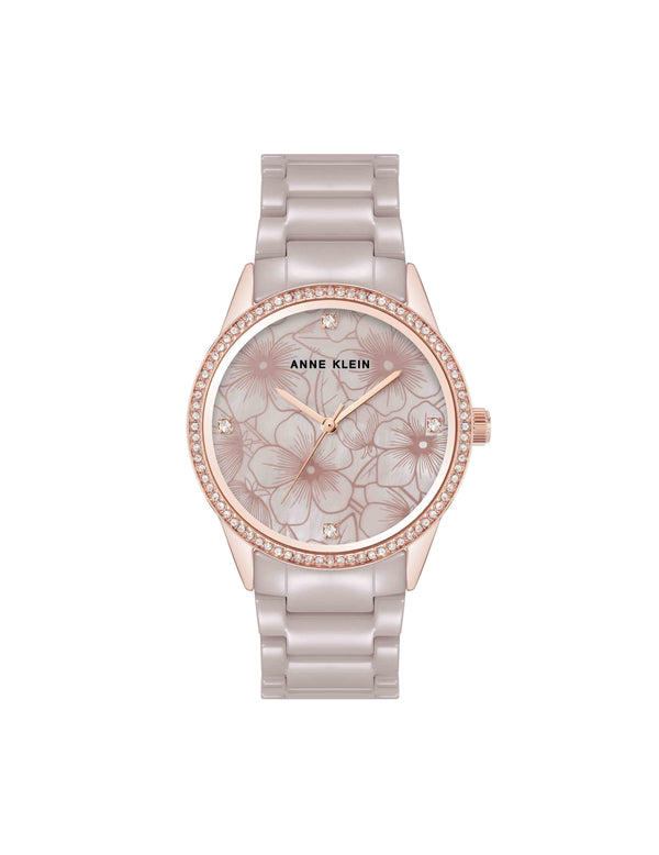 anne klein Ceramic Bracelet Floral Dial Watch Taupe/Rose Gold-Tone