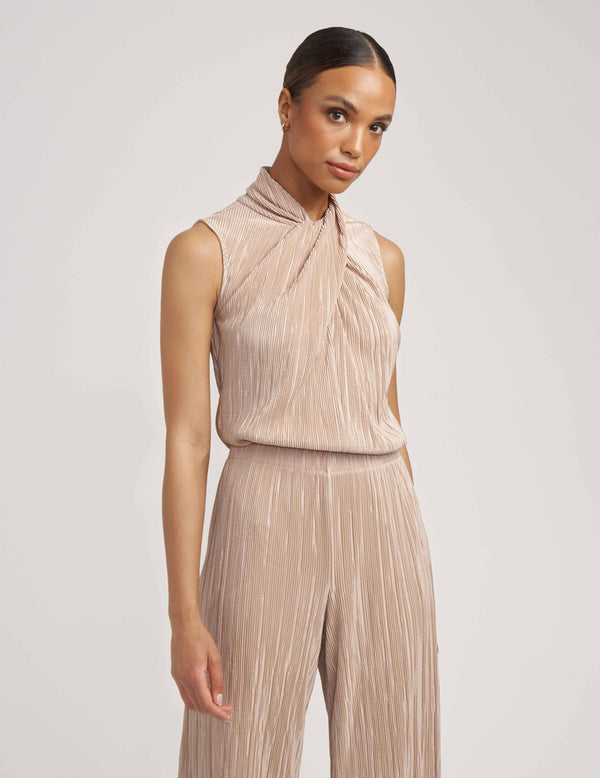 Anne Klein Charmeuse Sleeveless Twist Neck Top- Sale Latte