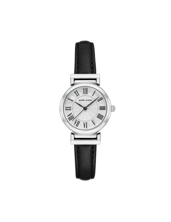 anne klein Classic Leather Strap Watch Black&Silver-Tone