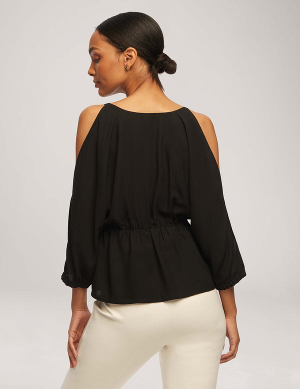 Anne Klein Cold Shoulder Crossover Peplum Blouse- Sale Anne Black