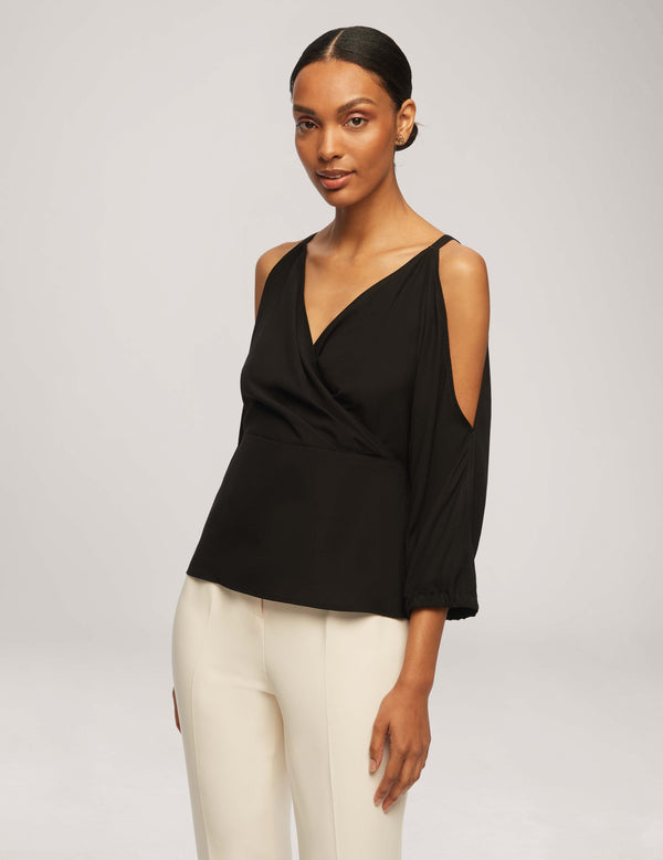 anne klein Cold Shoulder Crossover Peplum Blouse- Sale Anne Black