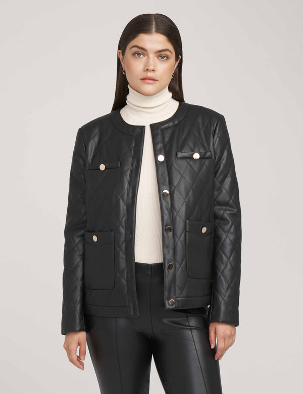 Anne Klein Collarless Vegan Leather Quilted Jacket- Sale Anne Black