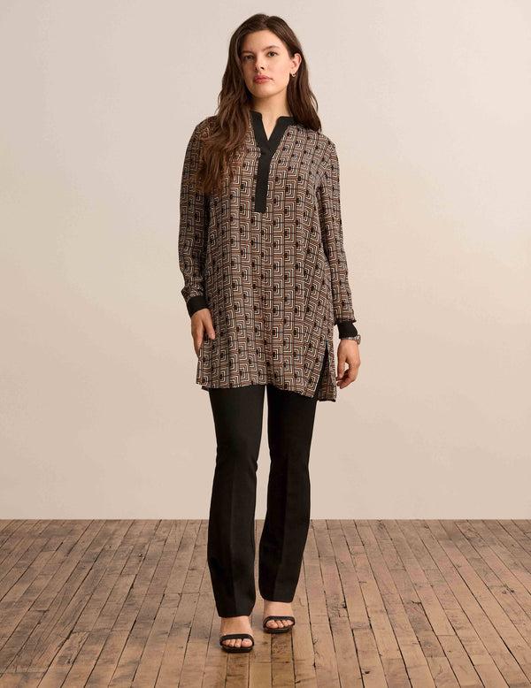 anne klein Color Block Long Sleeve Popover Tunic Anne Black Multi