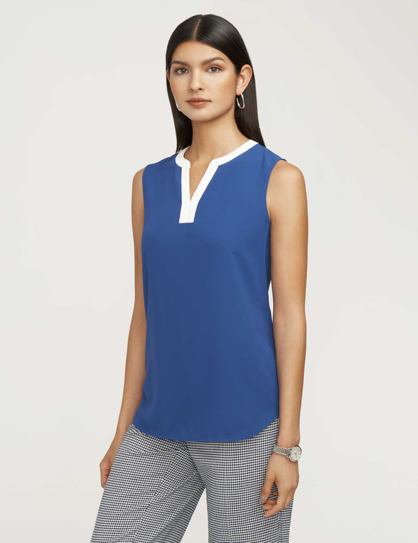 Anne Klein Color Block Split Sleeveless Blouse- Sale Magritte Blue/NYC White