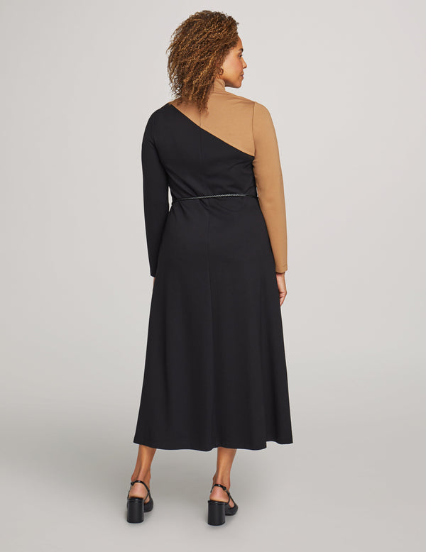 Anne Klein Color Blocked Mock Neck Midi Dress- Sale Anne Black/Vicuna