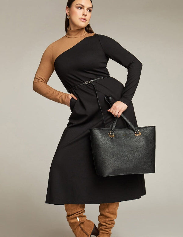 anne klein Color Blocked Mock Neck Midi Dress- Sale Anne Black/Vicuna