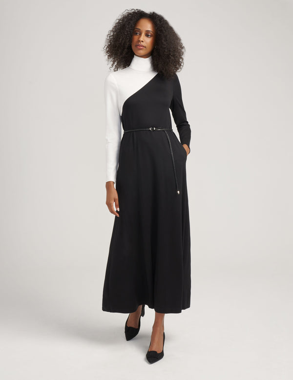 anne klein Color Blocked Mock Neck Midi- Sale Anne Black/Anne White