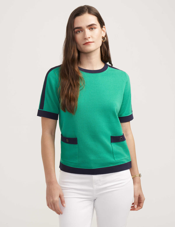 Anne Klein Colorblock Patch Pocket Top- Sale Clover/Distant Mountain