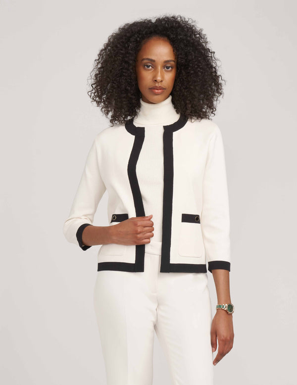 Anne Klein Colorblock Pocket Cardigan- Sale Anne White/Anne Black