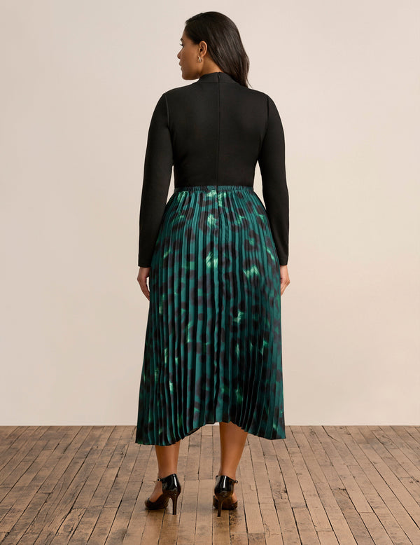 Anne Klein Combo Pleated Dress Anne Blk/Deep Evrgreen