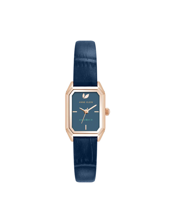 anne klein Consider It Octagonal Leather Band Watch Rose Gold-Tone/Blue