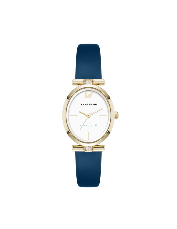 anne klein Consider It Oval Case Leather Watch Blue/Gold-Tone