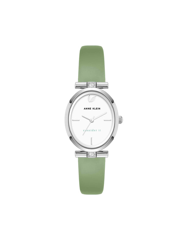 anne klein Consider It Oval Case Leather Watch Green/Silver-Tone