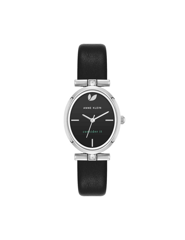 anne klein Consider It Oval Case Leather Watch Silver-Tone/Black