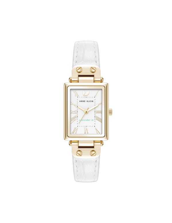 anne klein Consider It Rectangular Case Leather Watch Gold-Tone/White